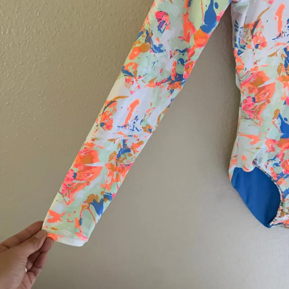 Maaji Floral Long-Sleeve One-Piece Swimsuit in Peach, Blue & White
